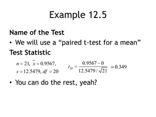 Example 12.5Name of the TestWe will use a “paired t-test for a mean”Test StatisticYou can do the rest, yeah?