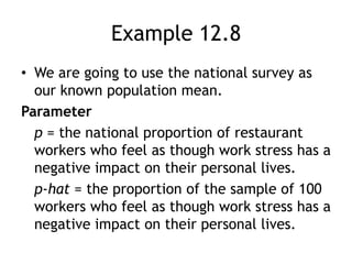 Example 12.8We are going to use the national survey as our known population mean.Parameterp = the national proportion of restaurant workers who feel as though work stress has a negative impact on their personal lives.p-hat = the proportion of the sample of 100 workers who feel as though work stress has a negative impact on their personal lives. 