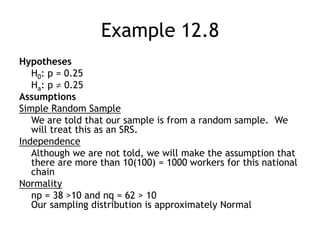 Example 12.8Hypotheses	H0: p = 0.25	Ha: p  0.25AssumptionsSimple Random Sample	We are told that our sample is from a random sample.  We will treat this as an SRS.Independence	Although we are not told, we will make the assumption that there are more than 10(100) = 1000 workers for this national chainNormalitynp = 38 >10 and nq = 62 > 10Our sampling distribution is approximately Normal