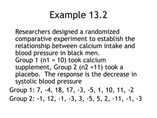 Example 13.2Researchers designed a randomized comparative experiment to establish the relationship between calcium intake and blood pressure in black men.  Group 1 (n1 = 10) took calcium supplement, Group 2 (n2 =11) took a placebo.  The response is the decrease in systolic blood pressureGroup 1: 7, -4, 18, 17, -3, -5, 1, 10, 11, -2Group 2: -1, 12, -1, -3, 3, -5, 5, 2, -11, -1, -3