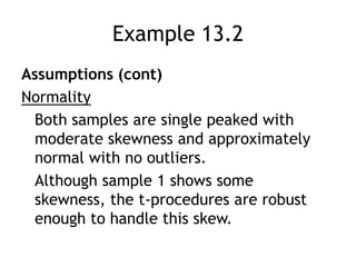 Example 13.2Assumptions (cont)NormalityBoth samples are single peaked with moderate skewness and approximately normal with no outliers.Although sample 1 shows some skewness, the t-procedures are robust enough to handle this skew.