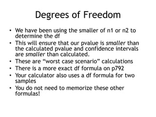 Degrees of FreedomWe have been using the smaller of n1 or n2 to determine the dfThis will ensure that our pvalue is smaller than the calculated pvalueand confidence intervals are smaller than calculated.These are “worst case scenario” calculationsThere is a more exact df formula on p792Your calculator also uses a df formula for two samplesYou do not need to memorize these other formulas!