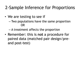 2-Sample Inference for ProportionsWe are testing to see ifTwo populations have the same proportion		ORA treatment affects the proportion Remember: this is not a procedure for paired data (matched pair design/pre- and post-test)