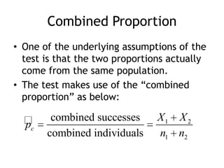 Combined ProportionOne of the underlying assumptions of the test is that the two proportions actually come from the same population.The test makes use of the “combined proportion” as below: