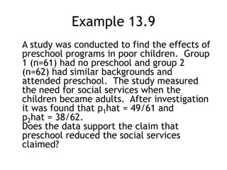 Example 13.9	A study was conducted to find the effects of preschool programs in poor children.  Group 1 (n=61) had no preschool and group 2 (n=62) had similar backgrounds and attended preschool.  The study measured the need for social services when the children became adults.  After investigation it was found that p1hat = 49/61 and p2hat = 38/62.Does the data support the claim that preschool reduced the social services claimed?