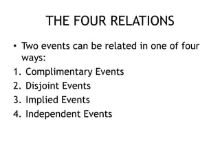 THE FOUR RELATIONS
• Two events can be related in one of four
ways:
1. Complimentary Events
2. Disjoint Events
3. Implied Events
4. Independent Events
 