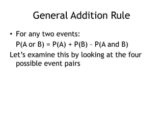 General Addition Rule
• For any two events:
P(A or B) = P(A) + P(B) – P(A and B)
Let‟s examine this by looking at the four
possible event pairs
 