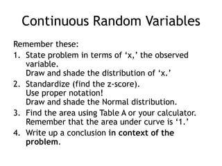 Continuous Random VariablesRemember these:State problem in terms of ‘x,’ the observed variable.  Draw and shade the distribution of ‘x.’Standardize (find the z-score).  Use proper notation!Draw and shade the Normal distribution.Find the area using Table A or your calculator.Remember that the area under curve is ‘1.’Write up a conclusion in context of the problem.