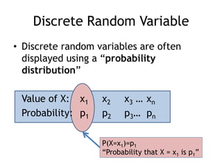 Discrete Random VariableDiscrete random variables are often displayed using a “probability distribution”	Value of X:	x1	x2	x3 …	xnProbability:	p1	p2	p3…	pnP(X=x1)=p1“Probability that X = x1 is p1”