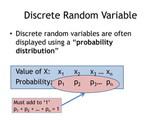Discrete Random VariableDiscrete random variables are often displayed using a “probability distribution”	Value of X:	x1	x2	x3 …	xnProbability:	p1	p2	p3…	pnMust add to ‘1’p1 + p2 + … + pn = 1