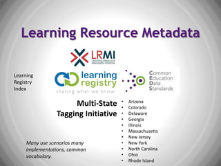 Learning Resource Metadata
Multi-State
Tagging Initiative
• Arizona
• Colorado
• Delaware
• Georgia
• Illinois
• Massachusetts
• New Jersey
• New York
• North Carolina
• Ohio
• Rhode Island
Learning
Registry
Index
Many use scenarios many
implementations, common
vocabulary.
 