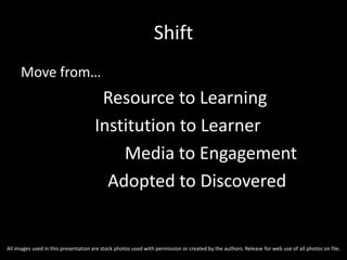 Shift
Move from…
Resource to Learning
Institution to Learner
Media to Engagement
Adopted to Discovered
All images used in this presentation are stock photos used with permission or created by the authors. Release for web use of all photos on file.
 