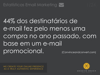 Estatísticas Email Marketing
44% dos destinatários de
e-mail fez pelo menos uma
compra no ano passado, com
base em um e-mail
promocional. (Convinceandconvert.com)
1/24
 
