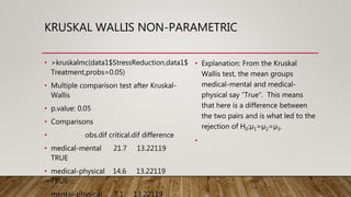 KRUSKAL WALLIS NON-PARAMETRIC
• >kruskalmc(data1$StressReduction,data1$
Treatment,probs=0.05)
• Multiple comparison test after Kruskal-
Wallis
• p.value: 0.05
• Comparisons
• obs.dif critical.dif difference
• medical-mental 21.7 13.22119
TRUE
• medical-physical 14.6 13.22119
TRUE
• mental-physical 7.1 13.22119
• Explanation: From the Kruskal
Wallis test, the mean groups
medical-mental and medical-
physical say “True”. This means
that here is a difference between
the two pairs and is what led to the
rejection of H0:µ1=µ2=µ3.
•
 