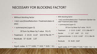 NECESSARY FOR BLOCKING FACTOR?
• Without blocking factor
• >res1=aov(StressReduction~Treatment,data=d
ata1)
• > summary(res1,type=3)
• Df Sum Sq Mean Sq F value Pr(>F)
• Treatment 2 23.33 11.67 10.9 9.79e-05 ***
• Residuals 57 61.00 1.07
• ---
• Signif. codes: 0 ‘***’ 0.001 ‘**’ 0.01 ‘*’ 0.05 ‘.’ 0.1
‘ ’ 1
• With blocking factor
• >res2=aov(StressReduction~Treatment+Gender+Ge
nder*Treatment,data=data)
• > summary(res2,type=3)
• Df Sum Sq Mean Sq F value Pr(>F)
• Treatment 2 23.33 11.667 17.5 1.38e-06 ***
• Gender 1 1.67 1.667 2.5 0.12
• Treatment:Gender 2 23.33 11.667 17.5 1.38e-06
***
• Residuals 54 36.00 0.667
• ---
• Signif. codes: 0 ‘***’ 0.001 ‘**’ 0.01 ‘*’ 0.05 ‘.’ 0.1 ‘ ’ 1
 
