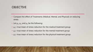 OBJECTIVE
• Compare the effect of Treatments (Medical, Mental, and Physical) on reducing
stress
• Let µ1, µ2, and µ3 be the following:
• µ1= true mean of stress reduction for the medical treatment group
• µ2= true mean of stress reduction for the mental treatment group
• µ3= true mean of stress reduction for the physical treatment group
 