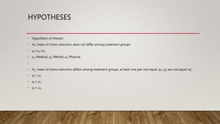 HYPOTHESES
• Hypothesis of interest
• H0: mean of stress reduction does not differ among treatment groups
• µ1=µ2=µ3
• µ1-Medical, µ2-Mental, µ3-Physical
•
• H1: mean of stress reduction differs among treatment groups, at least one pair not equal. (µi, µj) are not equal i≠j
• µ1= µ2
• µ1= µ3
• µ2= µ3
 