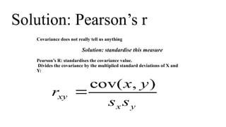 Solution: Pearson’s r
Covariance does not really tell us anything
Solution: standardise this measure
Pearson’s R: standardises the covariance value.
Divides the covariance by the multiplied standard deviations of X and
Y:
y
x
xy
s
s
y
x
r
)
,
cov(

 