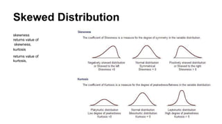 Skewed Distribution
skewness
returns value of
skewness,
kurtosis
returns value of
kurtosis,
 