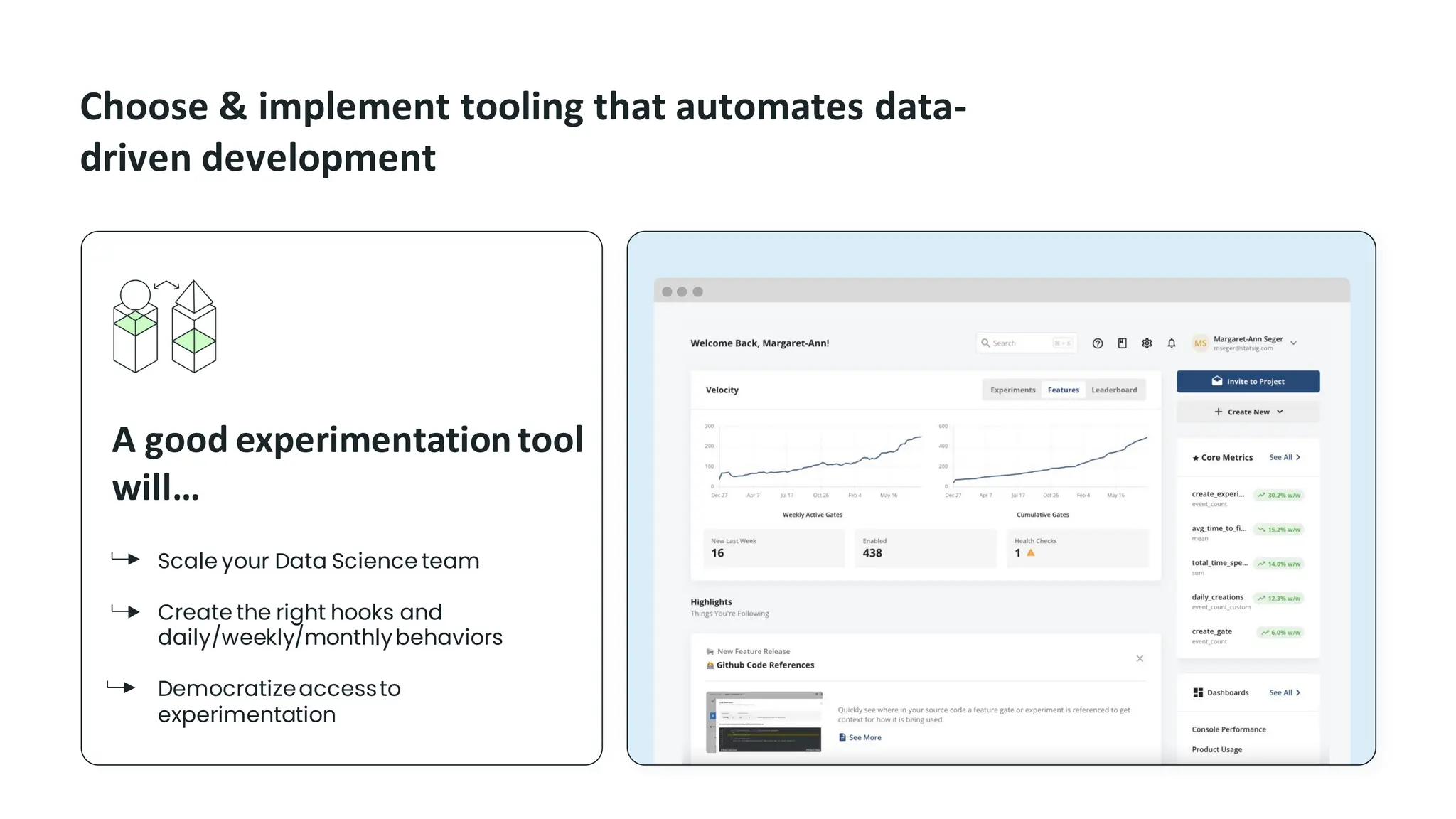 A good experimentationtool
will…
Scale your Data Science team
Create the right hooks and
daily/weekly/monthlybehaviors
Democratizeaccessto
experimentation
Choose & implement tooling that automates data-
driven development
 