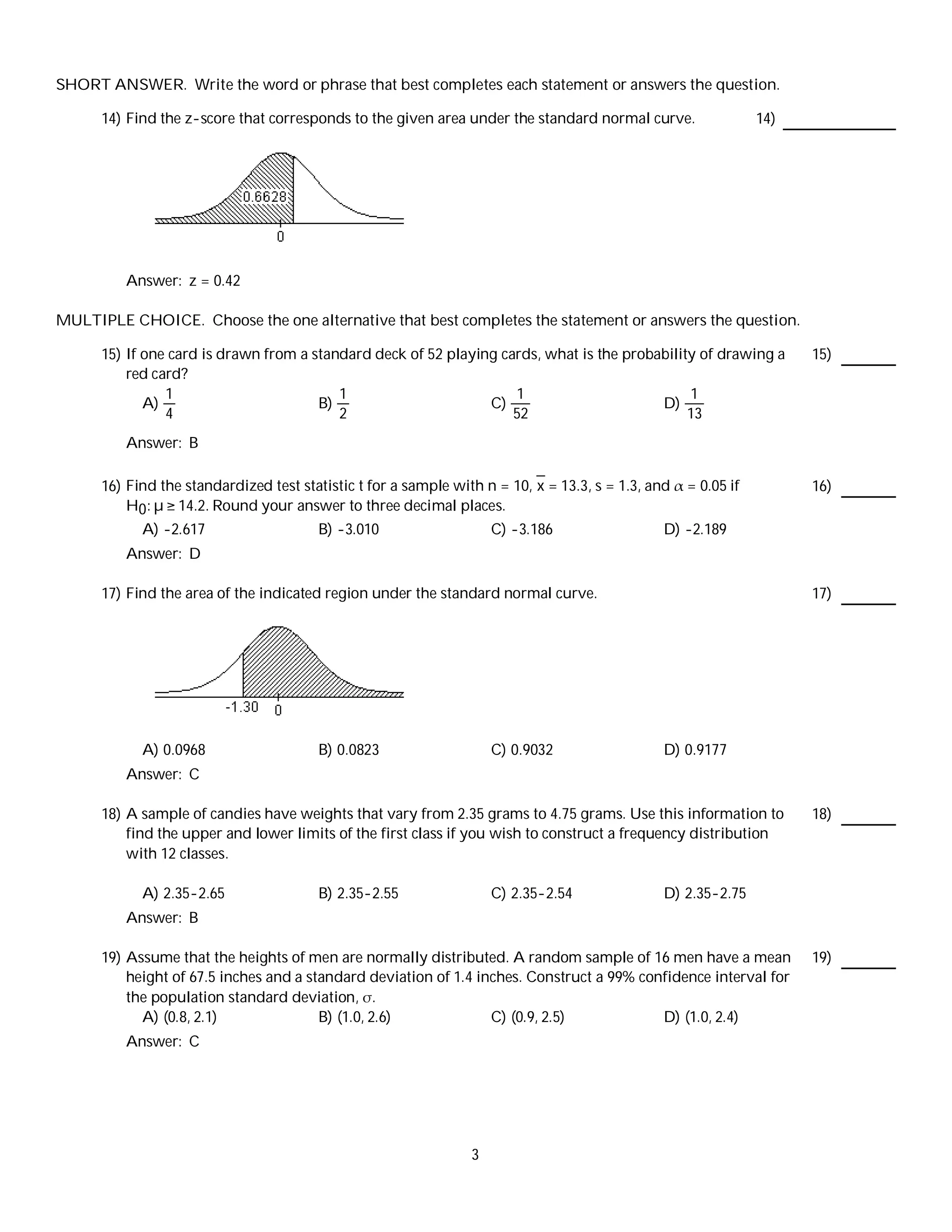 SHORT ANSWER. Write the word or phrase that best completes each statement or answers the question.

      14) Find the z-score that corresponds to the given area under the standard normal curve.                  14)




         Answer: z = 0.42

MULTIPLE CHOICE. Choose the one alternative that best completes the statement or answers the question.

      15) If one card is drawn from a standard deck of 52 playing cards, what is the probability of drawing a         15)
          red card?
                1                         1                         1                          1
             A)                        B)                       C)                        D)
                4                         2                         52                         13
         Answer: B

      16) Find the standardized test statistic t for a sample with n = 10, x = 13.3, s = 1.3, and   = 0.05 if         16)
          H0 : µ 14.2. Round your answer to three decimal places.
            A) -2.617                   B) -3.010                    C) -3.186                 D) -2.189
         Answer: D

      17) Find the area of the indicated region under the standard normal curve.                                      17)




            A) 0.0968                   B) 0.0823                    C) 0.9032                 D) 0.9177
         Answer: C

      18) A sample of candies have weights that vary from 2.35 grams to 4.75 grams. Use this information to           18)
          find the upper and lower limits of the first class if you wish to construct a frequency distribution
          with 12 classes.

            A) 2.35-2.65                B) 2.35-2.55                 C) 2.35-2.54              D) 2.35-2.75
         Answer: B

      19) Assume that the heights of men are normally distributed. A random sample of 16 men have a mean              19)
          height of 67.5 inches and a standard deviation of 1.4 inches. Construct a 99% confidence interval for
          the population standard deviation, .
            A) (0.8, 2.1)               B) (1.0, 2.6)             C) (0.9, 2.5)            D) (1.0, 2.4)
         Answer: C




                                                                 3
 