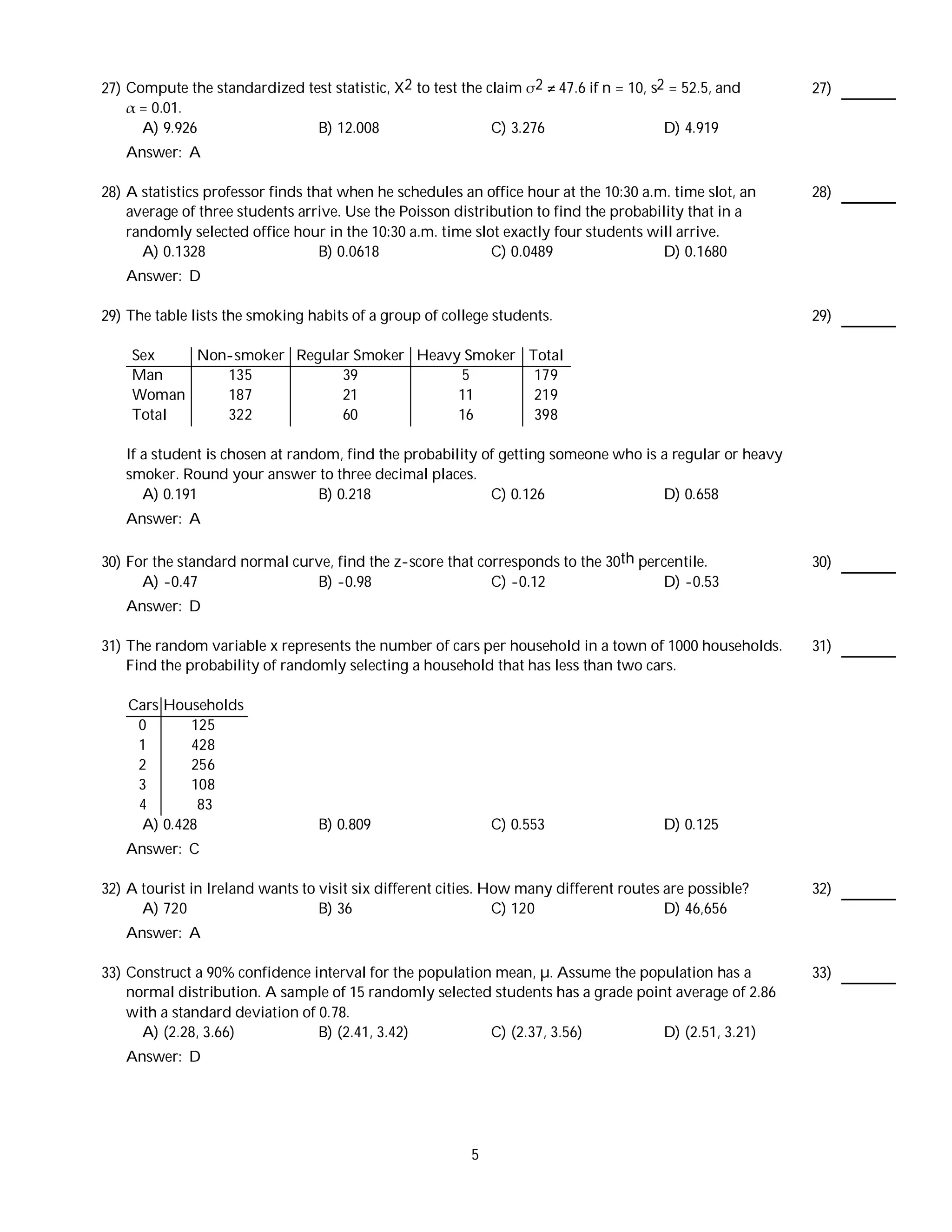 27) Compute the standardized test statistic, X2 to test the claim 2 47.6 if n = 10, s2 = 52.5, and       27)
     = 0.01.
      A) 9.926                 B) 12.008                     C) 3.276                 D) 4.919
   Answer: A

28) A statistics professor finds that when he schedules an office hour at the 10:30 a.m. time slot, an   28)
    average of three students arrive. Use the Poisson distribution to find the probability that in a
    randomly selected office hour in the 10:30 a.m. time slot exactly four students will arrive.
      A) 0.1328                    B) 0.0618                C) 0.0489                  D) 0.1680
   Answer: D

29) The table lists the smoking habits of a group of college students.                                   29)

    Sex   Non-smoker Regular Smoker Heavy Smoker Total
    Man      135           39            5        179
    Woman    187           21            11       219
    Total    322           60            16       398

   If a student is chosen at random, find the probability of getting someone who is a regular or heavy
   smoker. Round your answer to three decimal places.
      A) 0.191                   B) 0.218                  C) 0.126                 D) 0.658
   Answer: A

30) For the standard normal curve, find the z-score that corresponds to the 30th percentile.             30)
      A) -0.47                 B) -0.98                    C) -0.12                 D) -0.53
   Answer: D

31) The random variable x represents the number of cars per household in a town of 1000 households.      31)
    Find the probability of randomly selecting a household that has less than two cars.

    Cars Households
     0      125
     1      428
     2      256
     3      108
     4       83
     A) 0.428                    B) 0.809                    C) 0.553                  D) 0.125
   Answer: C

32) A tourist in Ireland wants to visit six different cities. How many different routes are possible?    32)
      A) 720                      B) 36                        C) 120                   D) 46,656
   Answer: A

33) Construct a 90% confidence interval for the population mean, µ. Assume the population has a          33)
    normal distribution. A sample of 15 randomly selected students has a grade point average of 2.86
    with a standard deviation of 0.78.
      A) (2.28, 3.66)            B) (2.41, 3.42)          C) (2.37, 3.56)          D) (2.51, 3.21)
   Answer: D




                                                         5
 