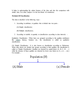 It helps in understanding the salient features of the data and also the comparison with
similar data. For a final analysis it is the best friend of a statistician.
Methods Of Classification
The data is classified in the following ways :
1. According to attributes or qualities this is divided into two parts :
(A) Simple classification
(B) Multiple classification.
2. According to variable or quantity or classification according to class intervals. -
Qualitative Classification : When facts are grouped according to the qualities (attributes)
like religion, literacy, business etc., the classification is called as qualitative
classification.
(A) Simple Classification : It is also known as classification according to Dichotomy.
When data (facts) are divided into groups according to their qualities, the classification is
called as 'Simple Classification'. Qualities are denoted by capital letters (A, B, C, D ......)
while the absence of these qualities are denoted by lower case letters (a, b, c, d, .... etc.)
For example ,
 