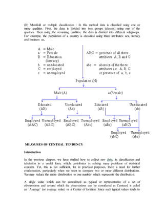 (B) Manifold or multiple classification : In this method data is classified using one or
more qualities. First, the data is divided into two groups (classes) using one of the
qualities. Then using the remaining qualities, the data is divided into different subgroups.
For example, the population of a country is classified using three attributes: sex, literacy
and business as,
MEASURES OF CENTRAL TENDENCY
Introduction
In the previous chapter, we have studied how to collect raw data, its classification and
tabulation in a useful form, which contributes in solving many problems of statistical
concern. Yet, this is not sufficient, for in practical purposes, there is need for further
condensation, particularly when we want to compare two or more different distributions.
We may reduce the entire distribution to one number which represents the distribution.
A single value which can be considered as typical or representative of a set of
observations and around which the observations can be considered as Centered is called
an ’Average’ (or average value) or a Center of location. Since such typical values tends to
 