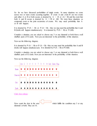 So far we have discussed probabilities of single events. In many situations we come
across two or more events occurring together. If event A and event B are two events
and either A or B or both occurs, is denoted by A B or (A + B) and the event that
both A and B occurs is denoted by AB. We term these situations as
compound event or the joint occurrence of events. We may need probability that A
or B will happen.
It is denoted by B) or P (A + B). Also we may need the probability that A and
B (both) will happen simultaneously. It is denoted by B) or P (AB).
Consider a situation, you are asked to choose any 3 or any diamond or both from a well
shuffled pack of 52 cards. Now you are interested in the probability of this situation.
Now see the following diagram.
(both) will happen simultaneousl
Consider a situation, you are asked to choose any 3 or any diamond or both from a well
shuffled pack of 52 cards. Now you are interested in the probability of this situation.
Now see the following diagram.
Click here enlarge
Now count the dots in the area which fulfills the condition any 3 or any
diamond or both. They are 16.
 