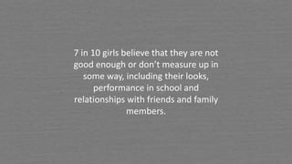 7 in 10 girls believe that they are not
good enough or don’t measure up in
some way, including their looks,
performance in school and
relationships with friends and family
members.
 