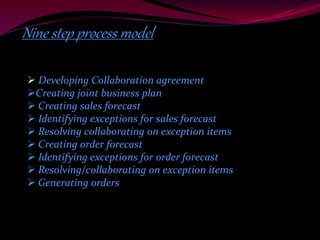 Nine step process model 
 Developing Collaboration agreement 
Creating joint business plan 
 Creating sales forecast 
 Identifying exceptions for sales forecast 
 Resolving collaborating on exception items 
 Creating order forecast 
 Identifying exceptions for order forecast 
 Resolving/collaborating on exception items 
 Generating orders 
 
