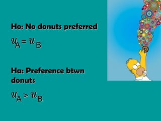 Ho: No donuts preferred  U  = U Ha: Preference btwn donuts U  > U A  B A  B 