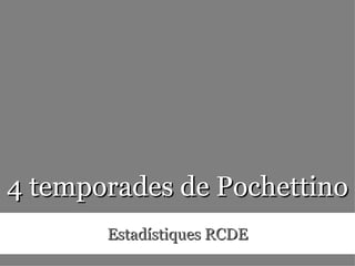 4 temporades de Pochettino
                              Estadístiques RCDE
Estadístiques RCDE. 4 temporades de Pochettino   1   Twitter: @OscarJulia
 