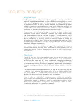 2014 Website Security Statistics Report15
Industry analysis
Across the board
An oft-repeated response to inquires about the languages their websites use is “a little of
everything,” however, the data showed that organizations tend to have a significant amount
of one or two languages with a very minimal investment in the others. The breakdown is
by far not equally spread, yet what we see is an attempt to approach the security of their
websites as though there were truly a distribution that favored no particular language. This
tends to lead to choices in tools, services and skill sets that may not have enough focus or
expertise on the areas with the greatest financial investment or impact.
There were some definite “favorites” among the industries. No doubt that there exists
correlations between financial drivers and functionality. The Gaming industry favored
PHP for their applications more so than other industries by a staggering amount, 83% of
all the Gaming industries websites were written in PHP, likely due to it’s speed and low
resource consumption. The reason for this was not immediately clear to us, however, the
remediation rates among ASP, ColdFusion, .Net, and Java were considerably higher than
those PHP and Perl sites. PHP was favored by Gaming and Food and Beverage, while Perl
was favored by Manufacturing sectors.
Java enjoyed a relatively even distribution among all of the industries while .Net was a
more favorable language choice to others, namely the Insurance, Pharmaceutical and
Transportation sectors. These two languages remain the number one and two choice for
those industries.
A legacy tale
Financial services favor .Net for their applications, and also maintain the largest number
of legacy ASP applications by a 3:1 ratio. It is unlikely that many, if any, new applications
are being built with classic ASP so it stands to reason that these applications are very
important to revenue-generating and mission-critical applications. The Retail sector had
the second largest collection of classic ASP applications which appear to have a similar
challenge, revenue-generating sites that cannot for one business reason or another be
retired.
This data point became particularly interesting to us when we considered that ASP has
the greatest time-to-fix but has a remediation rate on par with all other languages. These
sites, while unable to be sun-stetted because they are mission-critical and/or revenue-
generating are taking a cost to risk approach of fixing vulnerabilities.
It was not lost on us that both the financial services sector and the retail industry face
heavy regulation and compliance drivers. Our 2013 Website Statistics research showed
that compliance was also the number one reason vulnerabilities went unresolved* so that
did not explain why both of these industry’s legacy sites performed as well they did. In fact,
the driver here was revenue not compliance or regulation.
*2013 Website Statistics Report, https://www.whitehatsec.com/assets/WPstatsReport_052013.pdf.
 