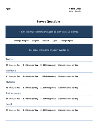 Age: Circle One:
Male Female
Survey Questions:
I think that my social networking can be over-excessive at times.
Strongly disagree Disagree Neutral Agree Strongly Agree
My Social networking on a daily average is:
Twitter
0-5 times per day 6-10 times per day 11-15 times per day 16 or more times per day
Facebook
0-5 times per day 6-10 times per day 11-15 times per day 16 or more times per day
MySpace
0-5 times per day 6-10 times per day 11-15 times per day 16 or more times per day
Text messaging
0-5 times per day 6-10 times per day 11-15 times per day 16 or more times per day
Email
0-5 times per day 6-10 times per day 11-15 times per day 16 or more times per day
 