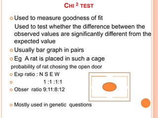 CHI 2 TEST
 Used to measure goodness of fit
  Used to test whether the difference between the
  observed values are significantly different from the
  expected value
 Usually bar graph in pairs

 Eg A rat is placed in such a cage
probability of rat chosing the open door
 Exp ratio : N S E W

               1 :1 :1:1
 Obser ratio 9:11:8:12



   Mostly used in genetic questions
 