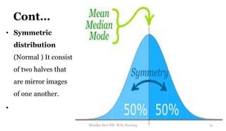 Cont…
• Symmetric
distribution
(Normal ) It consist
of two halves that
are mirror images
of one another.
•
13
Monika Devi NR M.Sc.Nursing
 