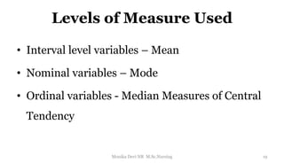Levels of Measure Used
• Interval level variables – Mean
• Nominal variables – Mode
• Ordinal variables - Median Measures of Central
Tendency
19
Monika Devi NR M.Sc.Nursing
 