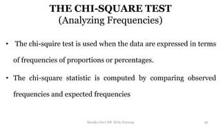 THE CHI-SQUARE TEST
(Analyzing Frequencies)
• The chi-squire test is used when the data are expressed in terms
of frequencies of proportions or percentages.
• The chi-square statistic is computed by comparing observed
frequencies and expected frequencies
36
Monika Devi NR M.Sc.Nursing
 