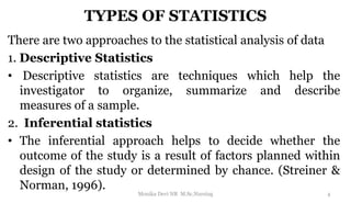 TYPES OF STATISTICS
There are two approaches to the statistical analysis of data
1. Descriptive Statistics
• Descriptive statistics are techniques which help the
investigator to organize, summarize and describe
measures of a sample.
2. Inferential statistics
• The inferential approach helps to decide whether the
outcome of the study is a result of factors planned within
design of the study or determined by chance. (Streiner &
Norman, 1996).
4
Monika Devi NR M.Sc.Nursing
 
