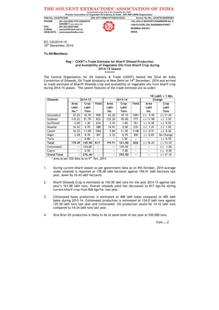 EC 132/2014-15
16th
December, 2014
To All Members:
Reg : COOIT’s Trade Estimate for Kharif Oilseed Production
and Availability of Vegetable Oils from Kharif Crop during
2014-15 Season
*******
The Central Organisation for Oil Industry & Trade (COOIT) hosted the 52nd All India
Convention of Oilseeds, Oil Trade &Industry at New Delhi on 14th
December, 2014 and arrived
at trade estimate of Khariff Oilseeds crop and availability of vegetable oils from kharif crop
during 2014-15 season. The salient features of the trade estimate are as under:
10 Lakh = 1 Mn.
Oilseeds 2014-15 2013-14 Change
Area
Lakh
Ha.*
Crop
Lakh
Tons
Yield Area
Lakh
Ha.
Crop
Lakh
Tons
Yield Area
Lakh
Ha.
Crop
Lakh
Tons
Groundnut 37.25 35.70 958 43.20 47.15 1091 (-) 5.95 (-) 11.45
Soybean 110.22 91.70 832 122.20 95.00 777 (-) 11.98 (-) 3.30
Sunflower 2.05 1.30 634 2.43 1.85 761 (-) 0.38 (-) 0.55
Sesame 16.32 4.70 288 14.91 3.50 235 (+) 1.41 (-) 1.20
Castor 10.35 11.00 1062 9.84 11.30 1148 (+) 0.51 (-) 0.30
Niger 2.28 0.70 307 2.33 0.70 300 (-) 0.05 No Change
Toria -- 0.80 -- -- 1.50 -- -- (-) 0.70
Total 178.48 145.90 817 194.91 161.00 826 (-) 16.43 (-) 15.10
Cottonseed -- 124.00 -- -- 125.50 -- -- (-) 1.50
Copra -- 6.50 -- -- 7.00 -- -- (-) 0.50
Grand Total -- 276.40 -- -- 293.50 -- -- (-) 17.10
* Area as per GOI data as on 9th
Oct.,2014
1. During current kharif season as per government data as on 9th October, 2014 acerage
under oilseeds is reported at 178.48 lakh hectares against 194.91 lakh hectares last
year, down by 16.43 lakh hectares.
2. Kharif Oilseeds Crop is estimated at 145.90 lakh tons for the year 2014-15 against last
year’s 161.00 lakh tons. Overall oilseeds yield has decreased to 817 kgs/ha during
current kharif crop from 826 kgs/ha. last year.
3. Cottonseed bales production is estimated at 400 lakh bales compared to 405 lakh
bales during 2013-14. Cottonseed production is estimated at 124.0 lakh tons against
125.50 lakh tons last year and Cottonseed Oil production would be 14.16 lakh tons
compared to 14.34 lakh tons last year.
4. Rice Bran Oil production is likely to be at same level of last year at 930,000 tons.
Cont ….2
 