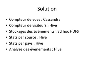 Solution
•   Compteur de vues : Cassandra
•   Compteur de visiteurs : Hive
•   Stockages des évènements : ad hoc HDFS
•   Stats par source : Hive
•   Stats par pays : Hive
•   Analyse des évènements : Hive
 