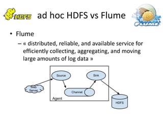 ad hoc HDFS vs Flume
• Flume
  – « distributed, reliable, and available service for
    efficiently collecting, aggregating, and moving
    large amounts of log data »
 