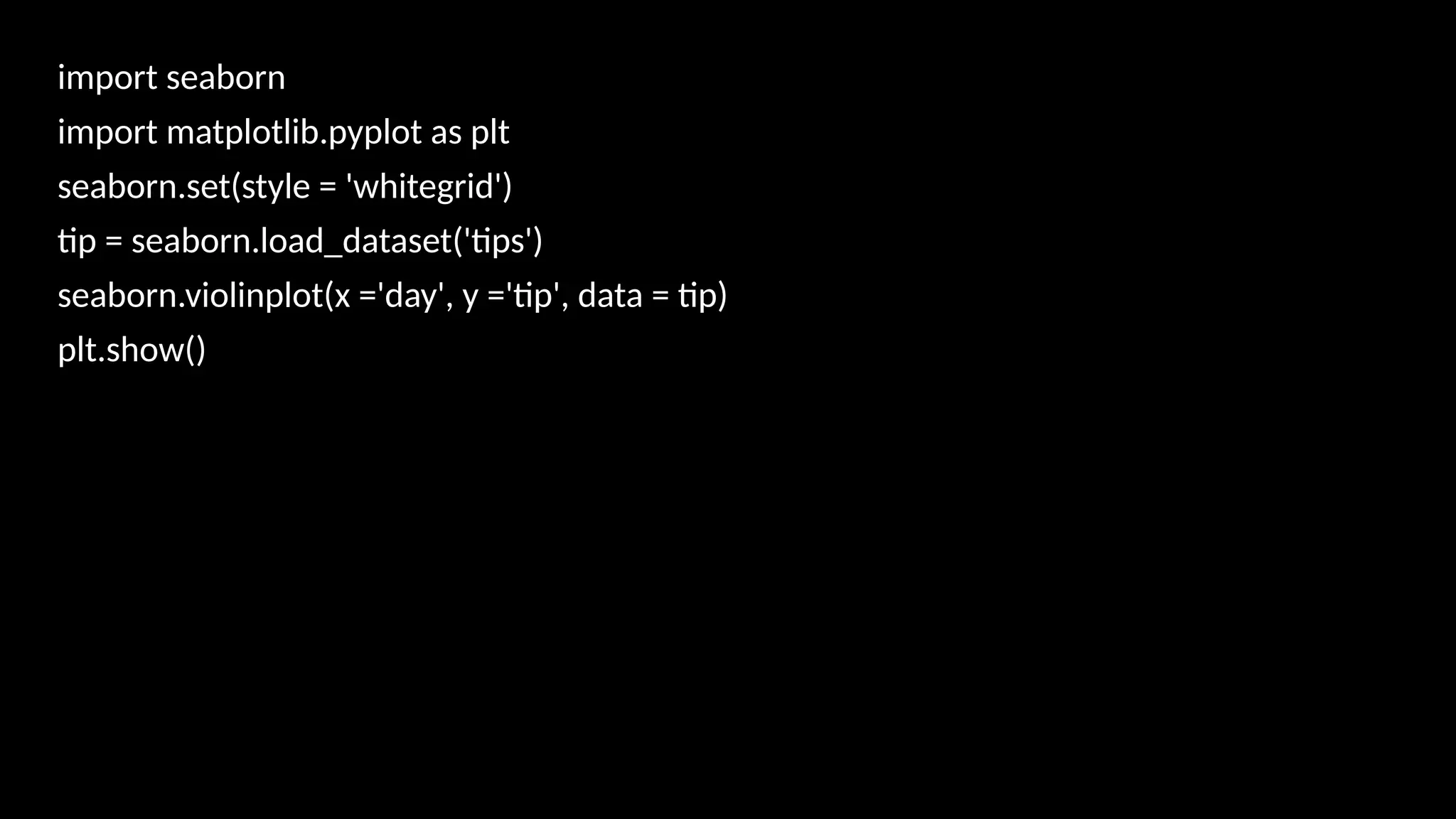 import seaborn
import matplotlib.pyplot as plt
seaborn.set(style = 'whitegrid')
tip = seaborn.load_dataset('tips')
seaborn.violinplot(x ='day', y ='tip', data = tip)
plt.show()
 