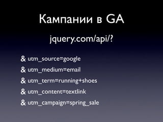 Кампании в GA
         jquery.com/api/?

& utm_source=google
& utm_medium=email
& utm_term=running+shoes
& utm_content=textlink
& utm_campaign=spring_sale
 