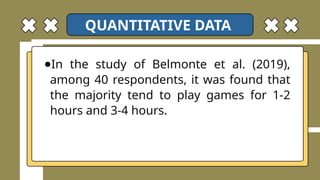 ●In the study of Belmonte et al. (2019),
among 40 respondents, it was found that
the majority tend to play games for 1-2
hours and 3-4 hours.‌
QUANTITATIVE DATA
 