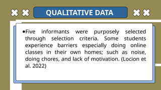 ●Five informants were purposely selected
through selection criteria. Some students
experience barriers especially doing online
classes in their own homes; such as noise,
doing chores, and lack of motivation. (Locion et
al. 2022)
QUALITATIVE DATA
 