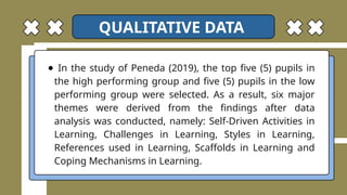 ● In the study of Peneda (2019), the top five (5) pupils in
the high performing group and five (5) pupils in the low
performing group were selected. As a result, six major
themes were derived from the findings after data
analysis was conducted, namely: Self-Driven Activities in
Learning, Challenges in Learning, Styles in Learning,
References used in Learning, Scaffolds in Learning and
Coping Mechanisms in Learning.
QUALITATIVE DATA
 