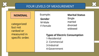 FOUR LEVELS OF MEASUREMENT
NOMINAL
Gender
M-Male
F-Female
Example:
Types of Electric Consumption
1-Residential
2- Commercial
3-Indutrial
4-Government
Marital Status
Single
married
divorced
widowed
categorized
but not
ranked or
measured in
specific order.
 