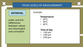 FOUR LEVELS OF MEASUREMENT
INTERVAL
order, and the
differences
between values
are meaningful
and consistent
Temperature
• 20°C
• 30°C
• 40°C
Example:
Time of day
• 1:00 pm
• 2:00 pm
• 3:00 pm
 